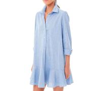 ORANDESIGNE Femmes Robe Chemise Été Manches Longues Col en V Tunique Robe Courte Bouton Up Fluide Ourlet à Volant Mini Robe avec Poches Robe de Plage Décontractée Shirt Dresses A Bleu XS