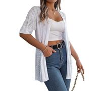 ORANDESIGNE Gilet Femme Été en Tricot à Manches Courtes Cardigan Ajouré à Col en V Boléro Uni Haut en Maille Top Tricoté Chic et Élégant Gilet Cardigan Long Ouvert sur Le Devant D Blanc L