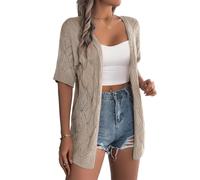 ORANDESIGNE Gilet Femme Été en Tricot à Manches Courtes Cardigan Ajouré à Col en V Boléro Uni Haut en Maille Top Tricoté Chic et Élégant Gilet Cardigan Long Ouvert sur Le Devant B Kaki L