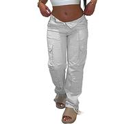 ORANDESIGNE H Blanc Y2K Jeans pour Femme Taille Basse Jean Évasé Coupe Large Pantalon Cargo Ample Gothique Punk Foncé Vintage Baggy Hose Droit Pantalon en Denim E-Girl Streetwear XS