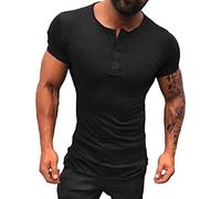 ORANDESIGNE Henley T-Shirt Court Manche Poids léger Détendu en Forme Décontractée avec 3 Boutons Patte de Boutonnage Col Rond Chemises A Noir XS
