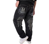 ORANDESIGNE Homme Hip Hop Jeans Style Hipster Graffitis Impression Baggy Jeans Urbain Skate Denim Pantalons Lâche Fit Jambe Droite Cargo Pantalon Rétro Broderie Pantalon F Bleu Foncé 3XL