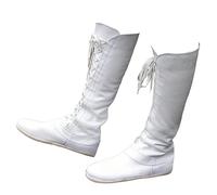 ORANDESIGNE Homme Médiéval Bottes en Cuir PU Rétro Bottes de Chevalier Lace-Up Plate Bottes Vintage Bout Rond Talon Chunky Bottes Knight Pirate Bottes Mi-Mollet D Blanc 45 EU