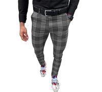 ORANDESIGNE Hommes Chino Pantalon à Carreaux Slim Fit Rayé Mode Casual Élastique Business Coupe Ajustée Décontracté Pantalon d'affaires D Gris M
