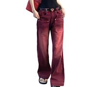 ORANDESIGNE J Rouge Y2K Jeans pour Femme Taille Basse Jean Évasé Coupe Large Pantalon Cargo Ample Gothique Punk Foncé Vintage Baggy Hose Droit Pantalon en Denim E-Girl Streetwear XL
