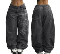 ORANDESIGNE Jean Baggy Femme Y2K Harajuku Jean Vintage Hip Hop Denim Pantalon Droite Lâche E-Girl Pantalon Streetwear B Noir M