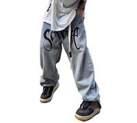 ORANDESIGNE Jeans Cargo Y2K Homme Mode Noir Streetwear Coréen Lettre imprimée Taille Basse Jeans Baggy Pantalon Droit Hip Hop Pantalon en Denim à Jambe Large L Bleu M