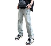 ORANDESIGNE Jeans Cargo Y2K Homme Mode Noir Streetwear Coréen Lettre imprimée Taille Basse Jeans Baggy Pantalon Droit Hip Hop Pantalon en Denim à Jambe Large C Bleu XL