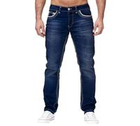 ORANDESIGNE Jeans Coupe Droite pour Hommes Jeans Stretch Coupe Slim Pantalon de Travail Couleur Pure Basique Décontracté Pantalons en Denim D Bleu Foncé L