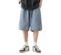 ORANDESIGNE Jeans Shorts Y2K Homme Mode Noir Streetwear Coréen Lettre imprimée Taille Basse Shorts Baggy Bermudas Droit Hip Hop Shorts en Denim Jeans Cargo à Jambe Large Q Bleu L