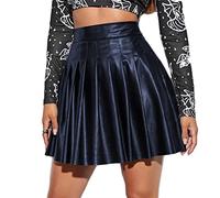 ORANDESIGNE Jupe Courte Simili Cuir Femme Sexy Chic PU Élégante Mini Jupe Évasée Plissée Couleur Unie A Line Club Party Fête Clubwear Skirt Décontracté Élégant Éte Robe Bleu Marine XL