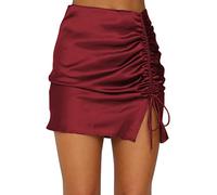 ORANDESIGNE Jupe Femme Courte Ete Crayon Taille Haute Sexy Mini Jupe Satin Droite Moulante Elastique Coupe Ajustée De Hanche Uni Décontracté Party Soirée Wrap Around Skirt Vin Rouge XL