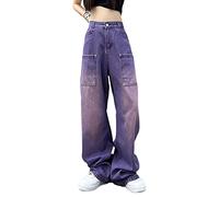 ORANDESIGNE K Violet Y2K Jeans pour Femme Taille Basse Jean Évasé Coupe Large Pantalon Cargo Ample Gothique Punk Foncé Vintage Baggy Hose Droit Pantalon en Denim E-Girl Streetwear XXL