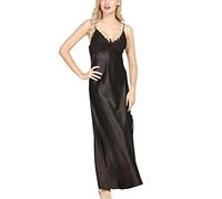 ORANDESIGNE Lingerie Femme Sexy Robe de Chambre Chemise de Nuit en Satin Pyjama Peignoir Sling Dentelle Col V Longue Robe de Nuit Noir 34