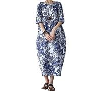 ORANDESIGNE Longue Caftan Femme Robe Lin Coton Boho Col Rond Ample Maxi Robe De Plage Casual Demi Manches Maxi Grande Taille Robe de Plage Bikini Cover Up Poncho Plage Vacances