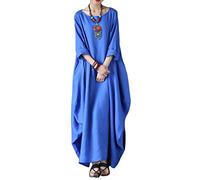 ORANDESIGNE Longue Caftan Femme Robe Lin Coton Boho Col Rond Ample Maxi Robe De Plage Casual Demi Manches Maxi Grande Taille Robe de Plage Bikini Cover Up Poncho Plage Vacances A Bleu 3XL
