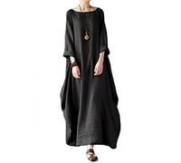 ORANDESIGNE Longue Caftan Femme Robe Lin Coton Boho Col Rond Ample Maxi Robe De Plage Casual Demi Manches Grande Taille Bikini Cover Up Poncho Vacances A Noir M
