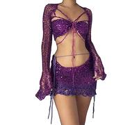 ORANDESIGNE Maillot de Bain Femmes Été Crochet Bikini Plage Deux Pièces Ensemble Sexy Crop Tops de Soutien-Gorge + Glands Mini Jupes Ensemble de Plage A Lila Foncé M