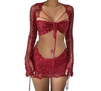 ORANDESIGNE Maillot de Bain Femmes Été Crochet Bikini Plage Deux Pièces Ensemble Sexy Crop Tops de Soutien-Gorge + Glands Mini Jupes Ensemble de Plage A Rouge L