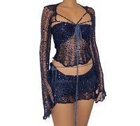 ORANDESIGNE Maillot de Bain Femmes Été Crochet Bikini Plage Deux Pièces Ensemble Sexy Crop Tops de Soutien-Gorge + Glands Mini Jupes Ensemble de Plage B Bleu Foncé XS