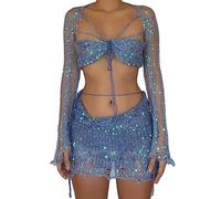 ORANDESIGNE Maillot de Bain Femmes Été Crochet Bikini Plage Deux Pièces Ensemble Sexy Crop Tops de Soutien-Gorge + Glands Mini Jupes Ensemble de Plage A Bleu M