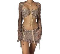ORANDESIGNE Maillot de Bain Femmes Été Crochet Bikini Plage Deux Pièces Ensemble Sexy Crop Tops de Soutien-Gorge + Glands Mini Jupes Ensemble de Plage A Chameau M