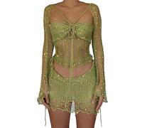 ORANDESIGNE Maillot de Bain Femmes Été Crochet Bikini Plage Deux Pièces Ensemble Sexy Crop Tops de Soutien-Gorge + Glands Mini Jupes Ensemble de Plage B Vert XL