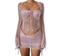 ORANDESIGNE Maillot de Bain Femmes Été Crochet Bikini Plage Deux Pièces Ensemble Sexy Crop Tops de Soutien-Gorge + Glands Mini Jupes Ensemble de Plage B Rose M
