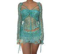 ORANDESIGNE Maillot de Bain Femmes Été Crochet Bikini Plage Deux Pièces Ensemble Sexy Crop Tops de Soutien-Gorge + Glands Mini Jupes Ensemble de Plage B Bleu Clair XS