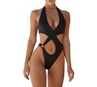 ORANDESIGNE Maillot De Bain Une Pièce Femme Col Licou Body Monokini String Wetlook Décolleté Transparent Micro Bikini Transparent Dessous Sexy Coquine Hot Cut Out Swimsuit A Noir L