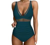 ORANDESIGNE Maillots Une Pièce Femme Maillots de Bain Patchwork de Mailles Col en V Ventre Contrôle Push Up Maillot de Bain 1 Pieces Elégant Ruché Effet Halter Rembourré Swimsuit A Vert Foncé XL