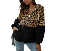ORANDESIGNE Manteau Femme Sweat Manches Longues Automne Hiver Peluche Moelleux Outwear Veste Polaire Zippé Léopard Patchwork Sweat à Capuche Chaud Blouson avec Poches C Noir 38