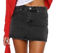 ORANDESIGNE Mini Jupe Moulante en Jean pour Femme Taille Haute Délavé Extensible Délavé Jupe Courte en Denim avec Poches A Noir S