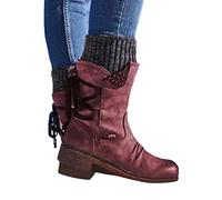 ORANDESIGNE Mode Femme Bottes en Cuir Bottes de Neige Femmes Chaussures Hiver Bottines Hautes en Cuir à Talons Plats avec Boucle Boots Cavalière Confortable Larges Mollets C Rouge 40 EU