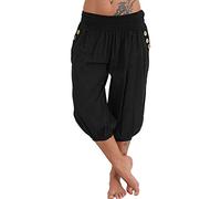 ORANDESIGNE Noir Pantalon 3/4 Casual Femmes Pantacourt Ample Elastique Sarouel Lâche Fitness Sport Yoga Shorts Harem Leggings A Noir XXL Court de Plage Grande Taille