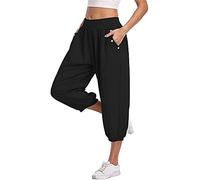 ORANDESIGNE Pantalon 3/4 Casual Femme Pantacourt Ample Elastique Sarouel Chic Lâche Fitness Sport Yoga Shorts Harem Leggings Court de Plage Grande Taille G Noir L