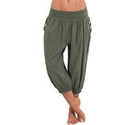 ORANDESIGNE Pantalon 3/4 Casual Femmes Pantacourt Ample Elastique Sarouel Lâche Fitness Sport Yoga Shorts Harem Leggings Court de Plage Grande Taille A Vert S