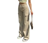 ORANDESIGNE Pantalon Cargo Femmes Y2K Baggy Rétro Loose Denim à Bretelles Multi-Poche Streetwear Jambes Larges Taille Haute Droites F Abricot XS