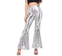ORANDESIGNE Pantalon évasé à Paillettes Femme Pantalon de Soirée Cocktail Pantalon Paillettes Pattes d´Éléphant Taille Haute Pantalon Brillant Tenue de Danse Disco Rave Bal A Argent L