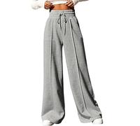 ORANDESIGNE Pantalon Femme Jambe Ample Bas Large Fluide Taille Haute Jogging Droit Léger Uni Décontractée Solide Pantalon avec Cordon de Serrage Élastique Palazzo Lounge Pants Gris XL