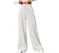ORANDESIGNE Pantalon Femme Jambe Ample Bas Large Fluide Taille Haute Jogging Droit Léger Uni Décontractée Solide Pantalon avec Cordon de Serrage Élastique Palazzo Lounge Pants Blanc XS