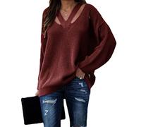 ORANDESIGNE Pull Femme à Col en V Couleur Unie Sexy Creux en Maille Tricot Manches Longues Chaud Lâche Grande Taille Automne Hiver A Café 3XL