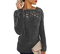 ORANDESIGNE Pull Femme Hiver Chaud Chic Et Élégant Pullover Dentelle Sweat en Polaire Pull Epaule Denudee Haut Manche Longue Chandail Jumper Sweater Gris XS