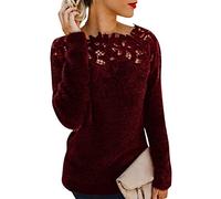 ORANDESIGNE Pull Femme Hiver Chaud Chic Et Élégant Pullover Dentelle Sweat en Polaire Pull Epaule Denudee Haut Manche Longue Chandail Jumper Sweater Bordeaux L