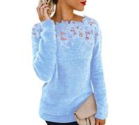 ORANDESIGNE Pull Femme Hiver Chaud Chic Et Élégant Pullover Dentelle Sweat en Polaire Pull Epaule Denudee Haut Manche Longue Chandail Jumper Sweater Bleu XS