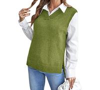 ORANDESIGNE Pulls sans Manches Gilet Tricot Veste Chaud Chandail Débardeur Tank Top Crop Sweater col V Oversize Pullover Tops Câble Tricots Décontracté Automne Hiver Filles Femmes H Vert L