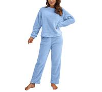 ORANDESIGNE Pyjama Femmes Hiver Ensemble de Pyjama 2 Pièces Polaire T-Shirt Manches Longues Vêtements de Nuit Chaud A Bleu S