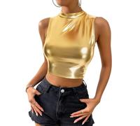 ORANDESIGNE Rave Outfit Femme Débardeur sans Manches Extensible Métallique Brillant Liquide Soiree Bal Danse Club Vest Slim Fit Crop Tops A Or L
