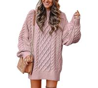 ORANDESIGNE Robe Chandail Femme Col Rond Pull Long à Manches Longues en Maille Torsadée Robes Pull-Over Oversized Automne Hiver Tops en Tricot A Rose L