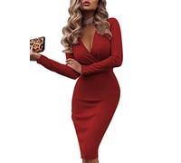 ORANDESIGNE Robe de Soirée Cocktail Sexy Crayon Moulante Vintage Robe Crayon Pin up Mancheron Droite Sexy Courte Col Deep V à Manches Longues Robe Clubbing Décolletée Noire E Rouge XS